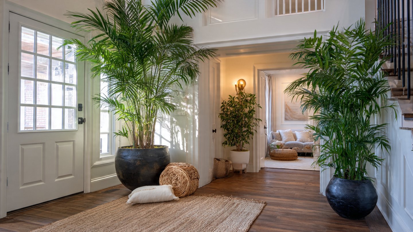 How Can You Transform Your Entryway with a Single Large Palm for a Modern Look?