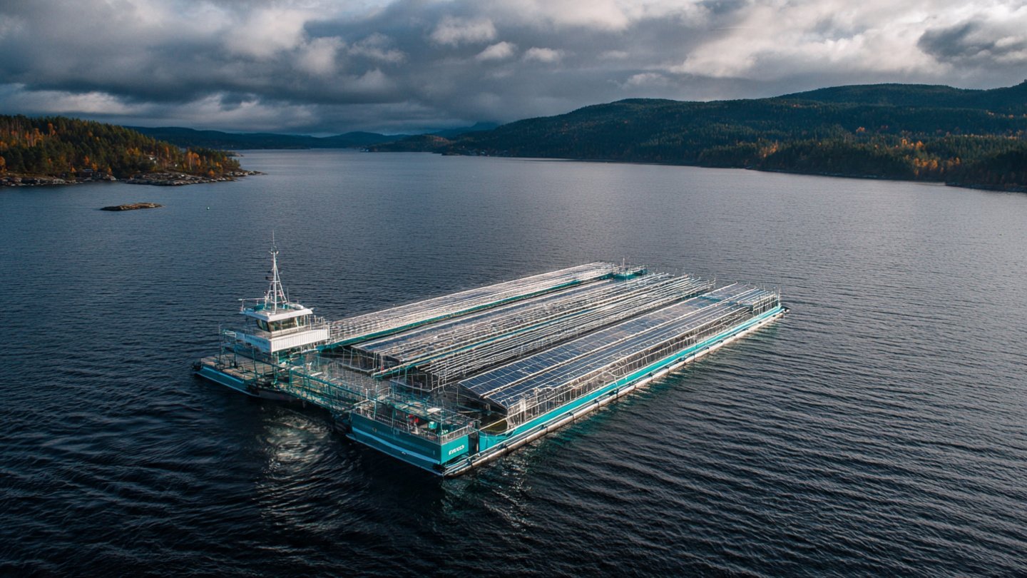 What you’re seeing is not a ship: at 385 metres long, Havfarm is the world’s largest offshore salmon farm ever built